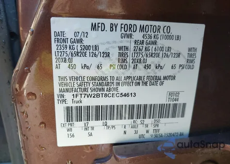 2012 Ford F-250 Lariat from USA, damaged, VIN 1FT7W2BT8CEC54613